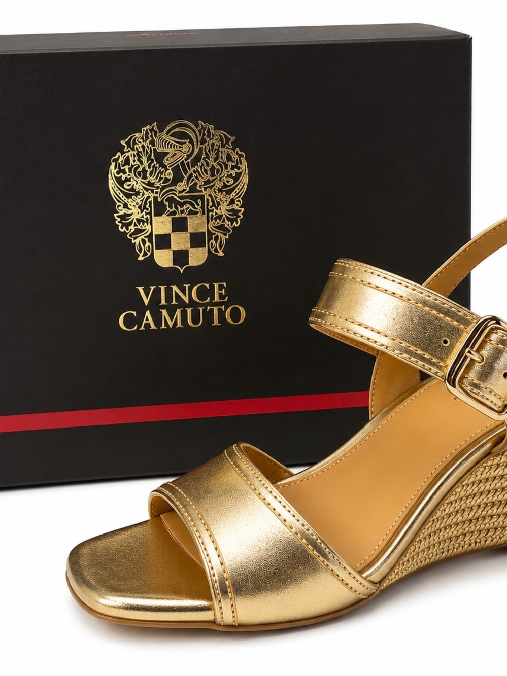 Vince Camuto Helcey Egyptian Gold Leather Wedge Sandals Size 8 NIB